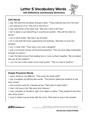 Pre-K phonics worksheet featuring various objects that begin with the letter S