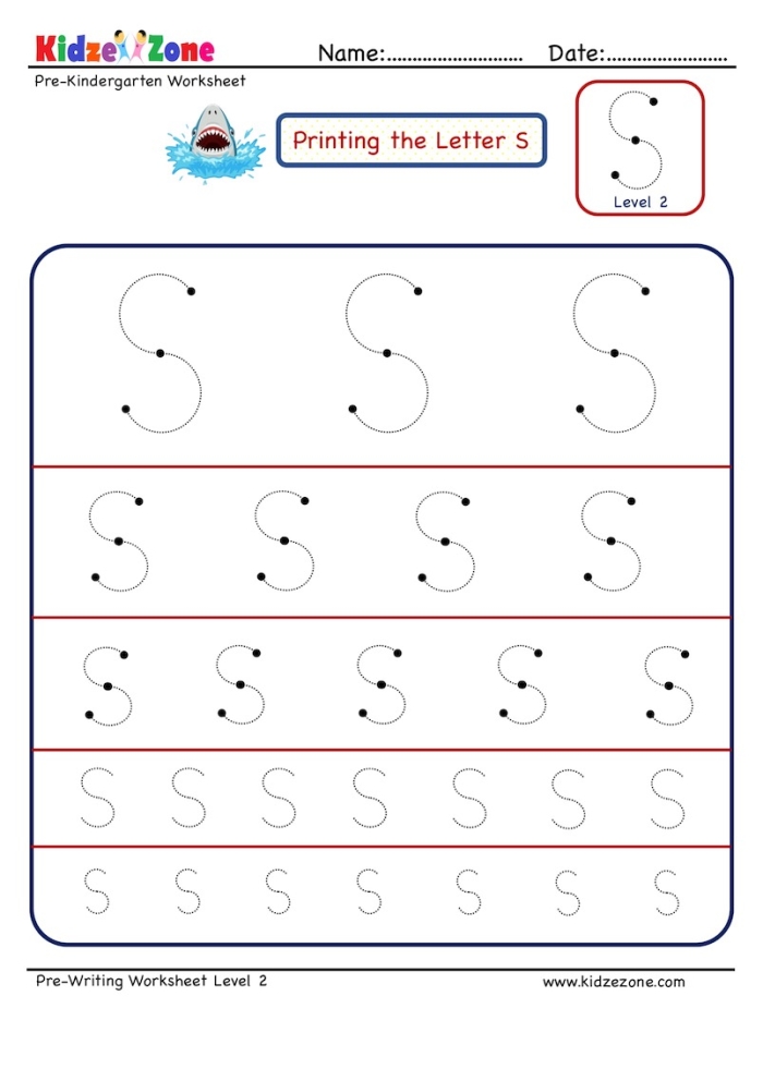 Pre-K student worksheet showing guided paths and the letter S for tracing practice