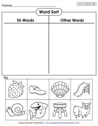Preschool student completing a letter SH phonics activity worksheet