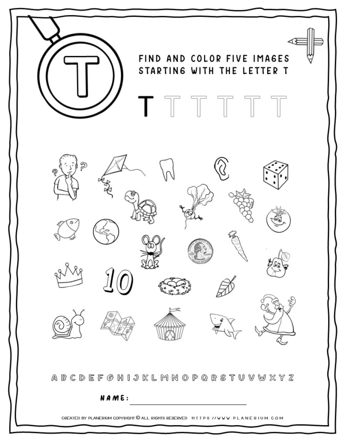 Worksheet featuring letter T activities for preschool and kindergarten students