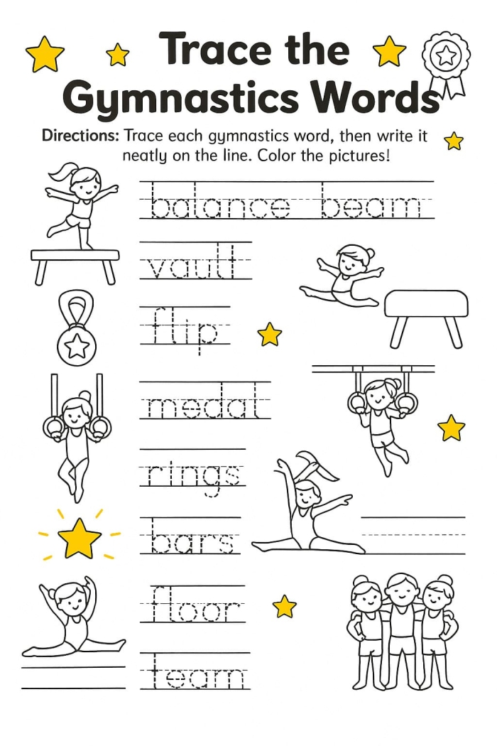 Preschool worksheet showing Simone Biles with dotted letter tracing lines and coloring sections for young learners
