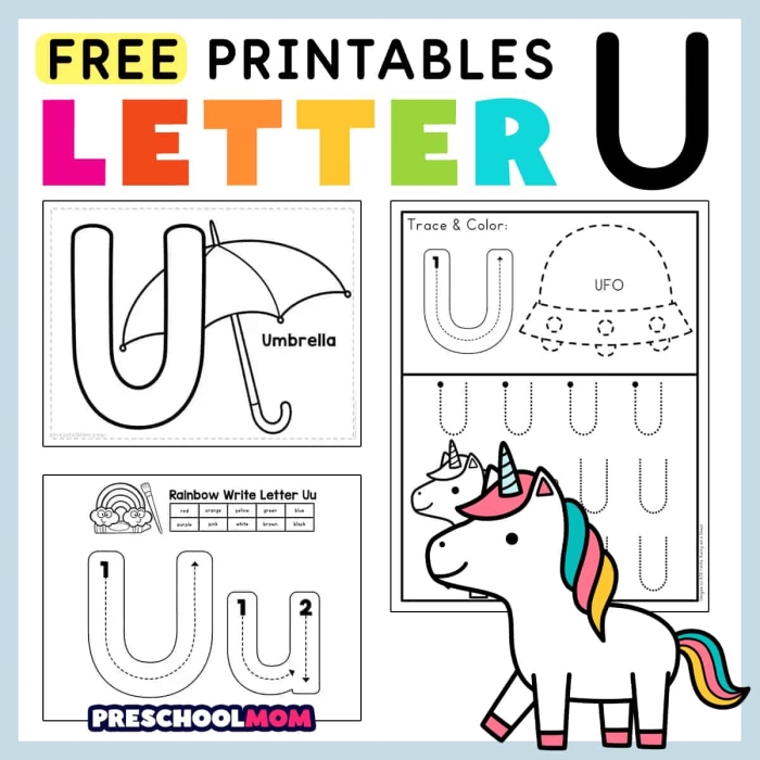 Preschooler identifying words starting with the letter U on a hands-on activity worksheet