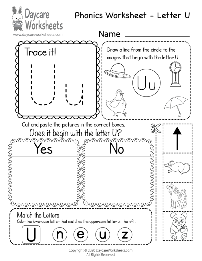 Preschool phonics worksheet featuring various objects that begin with the letter U