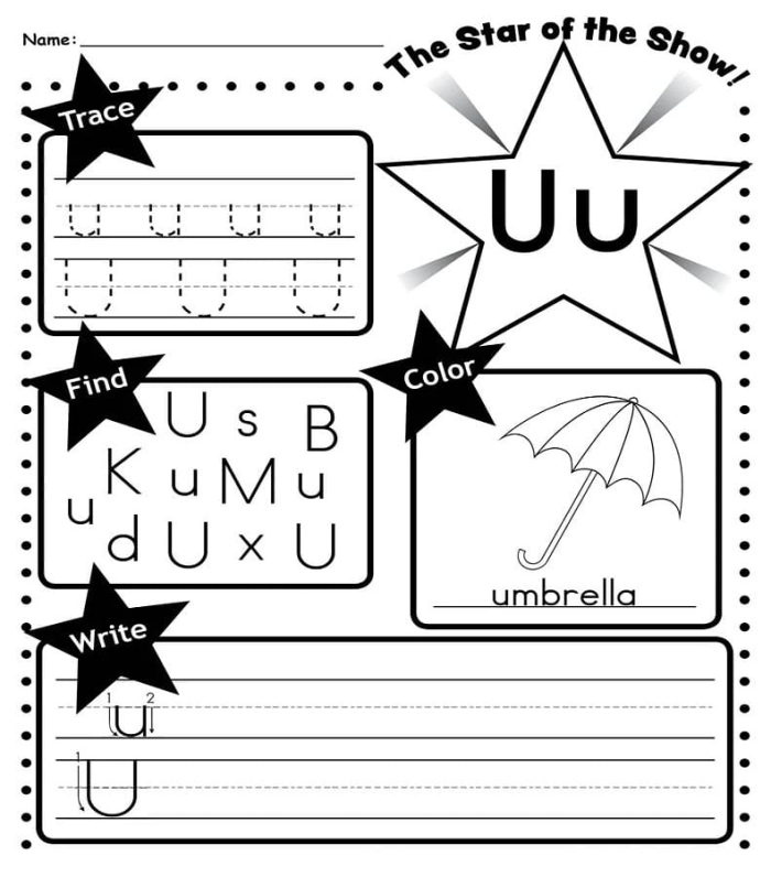 Worksheet featuring the letter U with words for preschoolers to find and trace