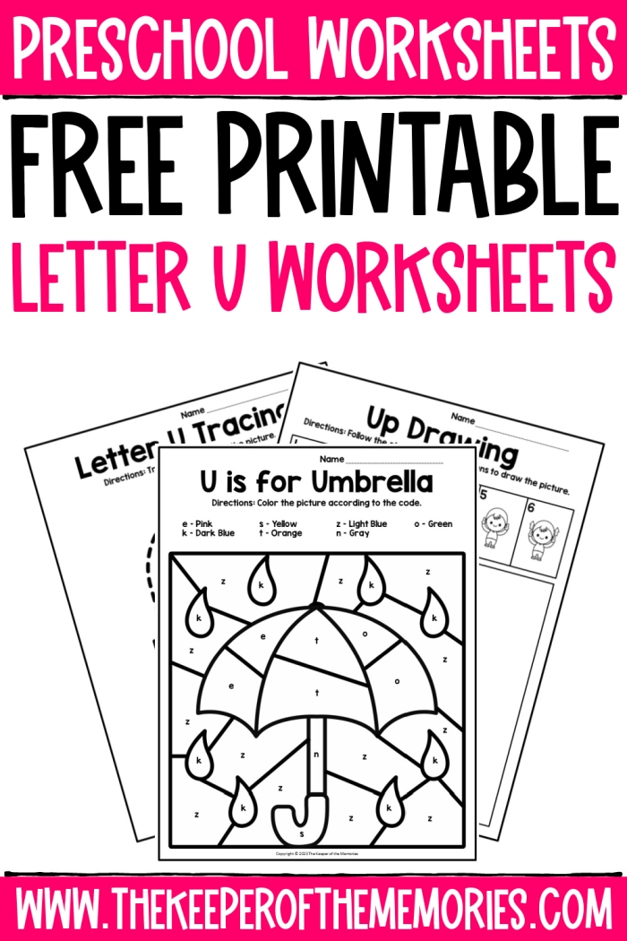 Phonics worksheet for Pre-K Worksheet for preschoolers focused on the letter U, featuring tracing and identification activities. Get Ready for Reading: All About the Letter U worksheet for early phonics practice.