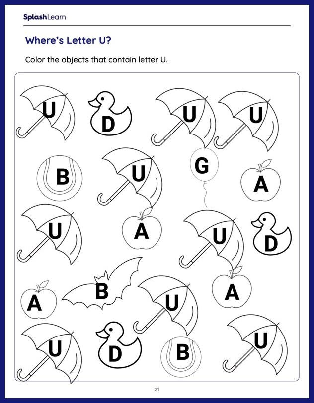 Preschool worksheet activity featuring words and pictures that begin with the letter U