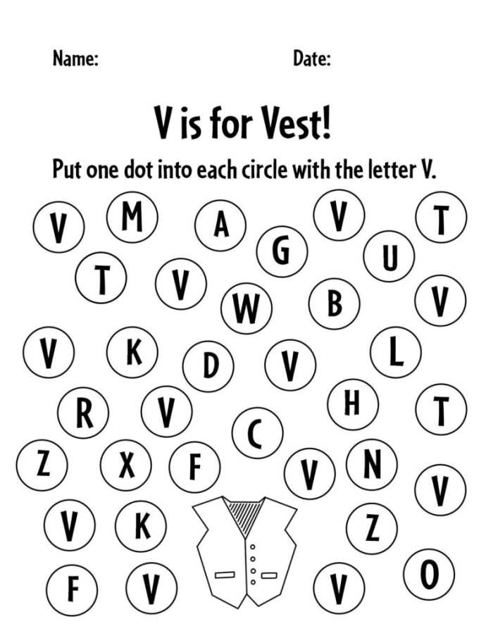 Worksheet activity for preschoolers focusing on words that begin with the letter V