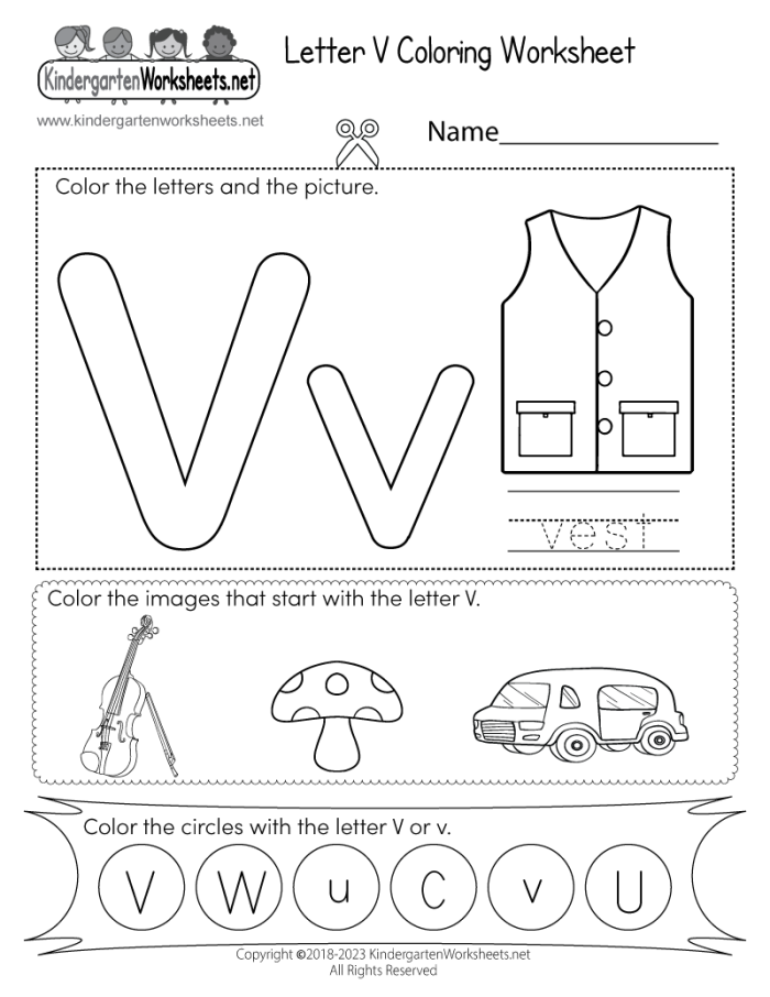 Preschooler completing a Letter V activity sheet by circling pictures that start with the V sound