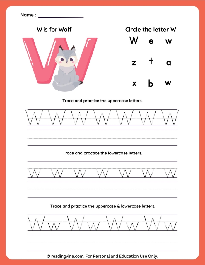 Preschooler coloring a Letter Book W worksheet to practice words starting with the letter W