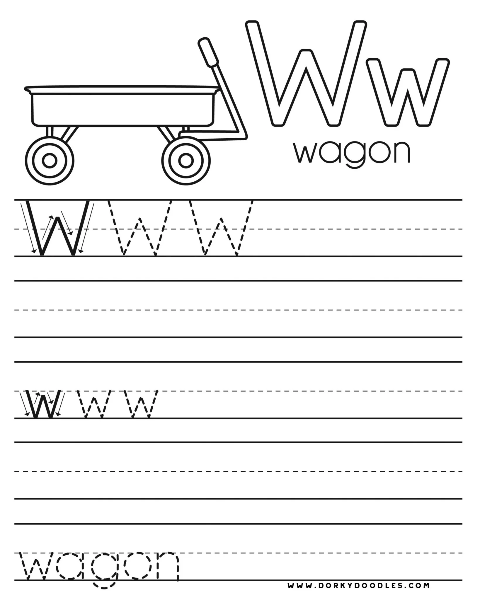 Preschool worksheet featuring a Letter W activity for identifying words starting with the letter W