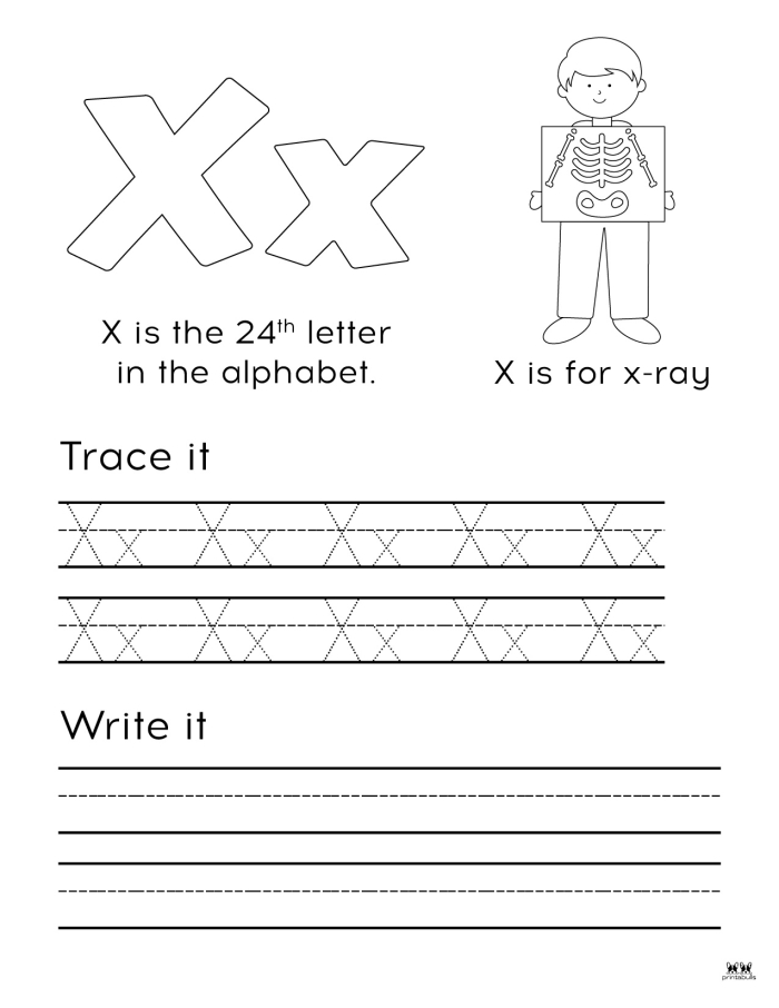 Preschooler coloring a letter X worksheet page featuring words that start with X