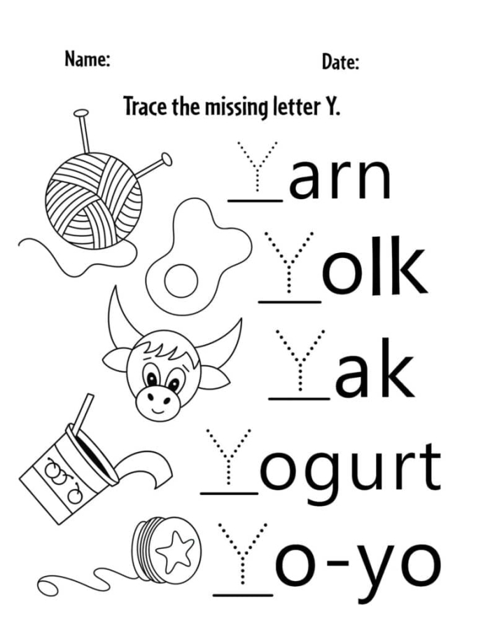 Preschool worksheet for practicing the letter Y with fun vocabulary matching activities