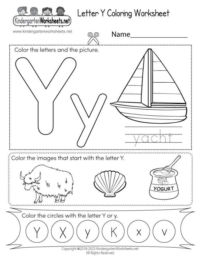 Worksheet featuring a hands-on activity for preschoolers to find words starting with the letter Y