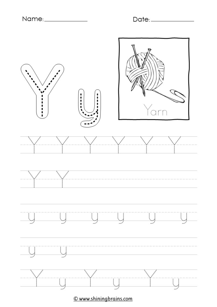 Preschooler worksheet page for identifying words that begin with the letter Y