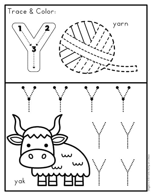 Preschool letter Y worksheet featuring various illustrations of words starting with the letter Y