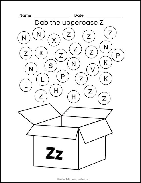 Preschooler identifying words starting with the letter Z on a printable worksheet