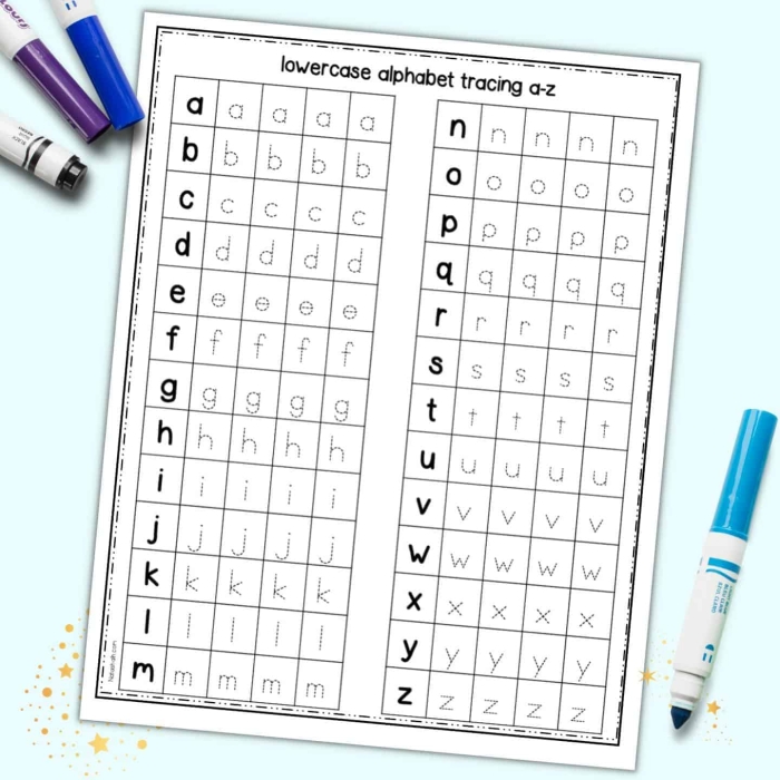 Pre-K worksheet with dashed lines for tracing the lowercase letters c, o, and a 21