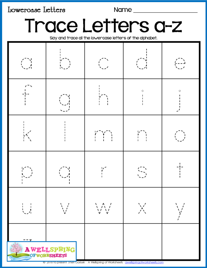 Colorful alphabet blocks worksheet for tracing lowercase letters A to Z for Pre-K kids