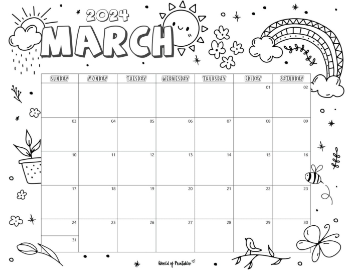 Preschool calendar worksheet for March with empty date boxes for children to fill in numbers