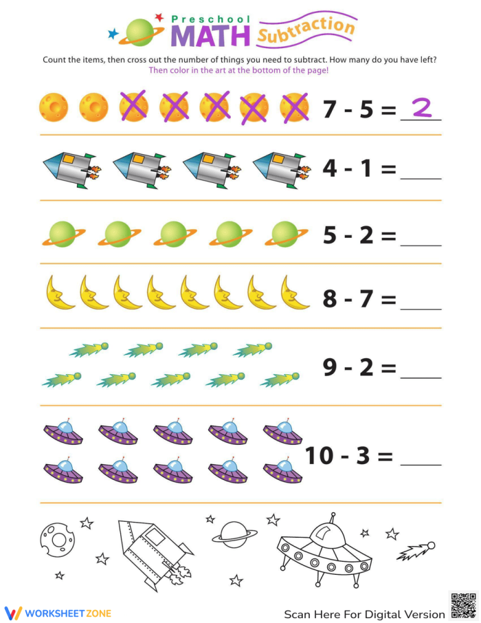 Stellar Subtraction Worksheet for Pre-K Math Fun Preschoolers engaging in subtraction with a space-themed worksheet