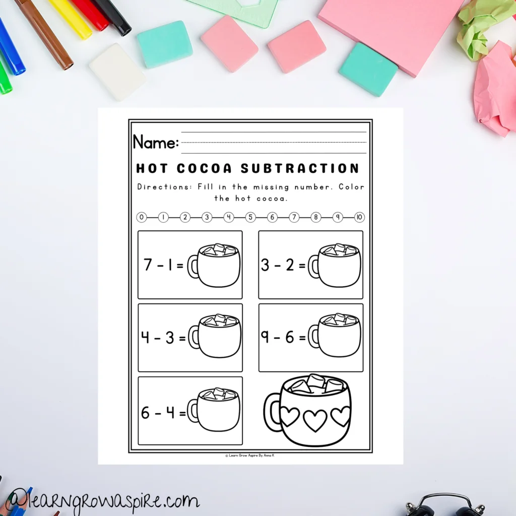 Fun math activities for kids with the Stellar Subtraction worksheet Preschooler practicing subtraction on the Stellar Subtraction worksheet