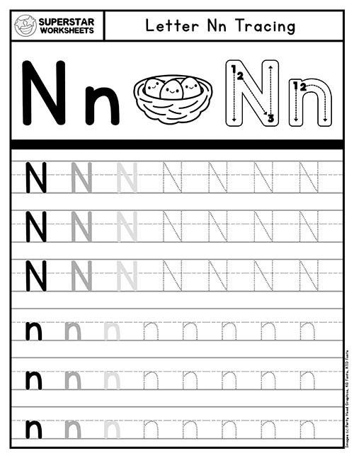 Worksheet featuring words that begin with the letter N for preschool addition practice