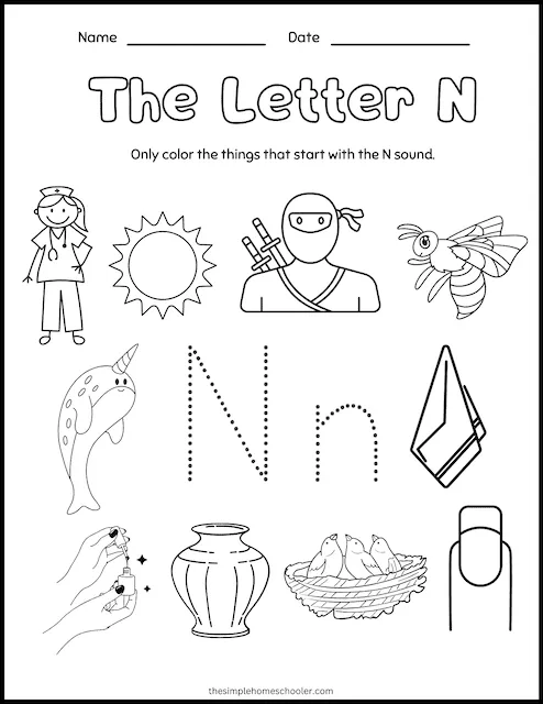 Preschool worksheet featuring illustrations of various items for students to identify words that start with the letter N