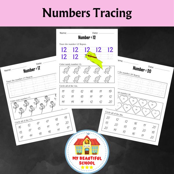 A colorful worksheet showing the number 10 with counting objects and tracing activities for preschool learners