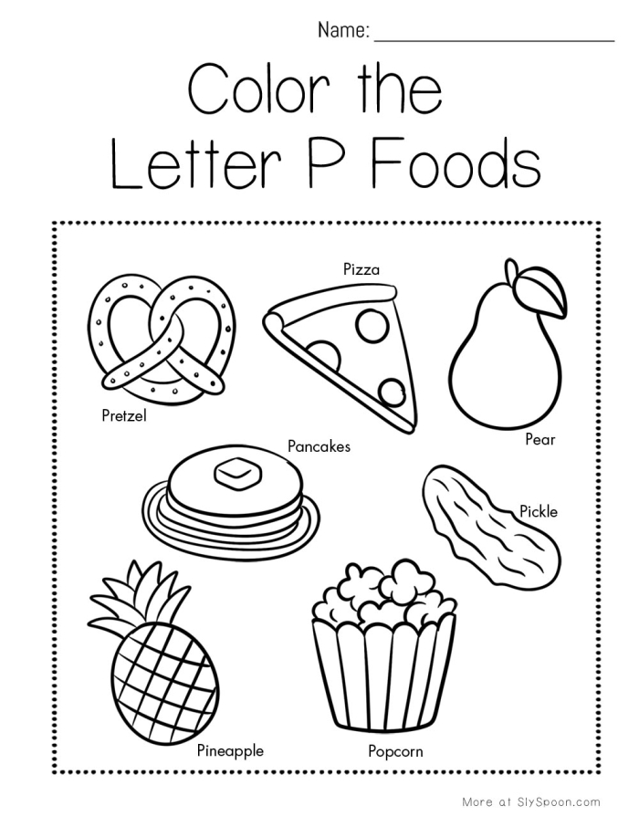 Preschool worksheet featuring various illustrations of objects that begin with the letter P