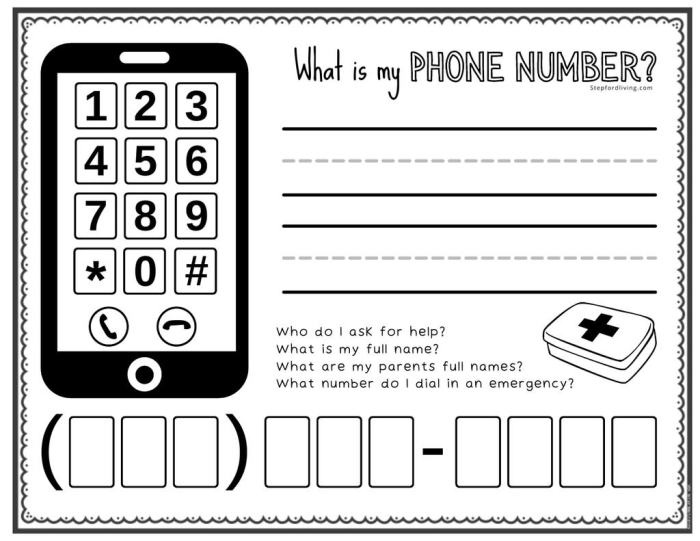 A colorful worksheet template designed to help preschoolers practice and memorize their personal phone number