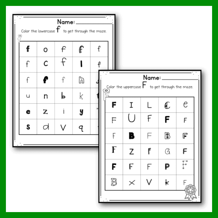 Preschool worksheet featuring the letter F and fun coloring activities to practice phonics