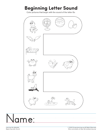 Preschool phonics worksheet for identifying objects that begin with the letter E