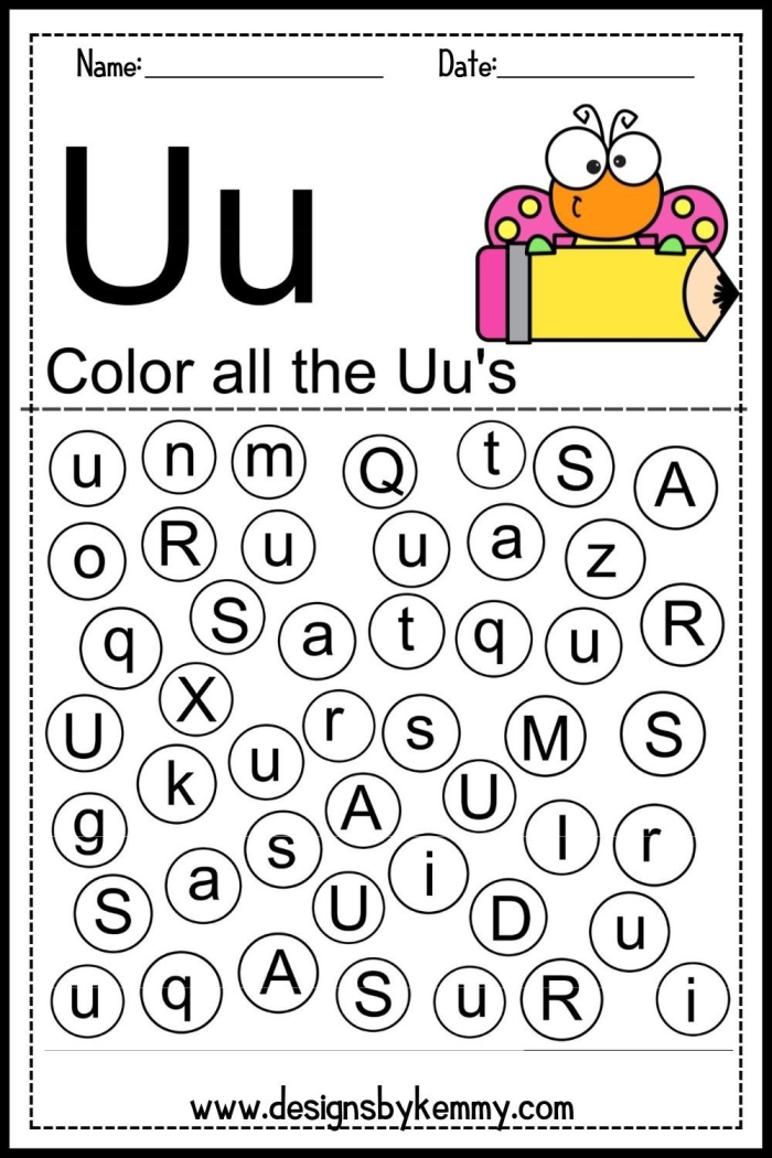 Phonics worksheet for Pre-K Worksheet focused on the letter U for preschool phonics practice, featuring tracing and identification activities. Get Ready for Reading: All About the Letter U worksheet for early learners.