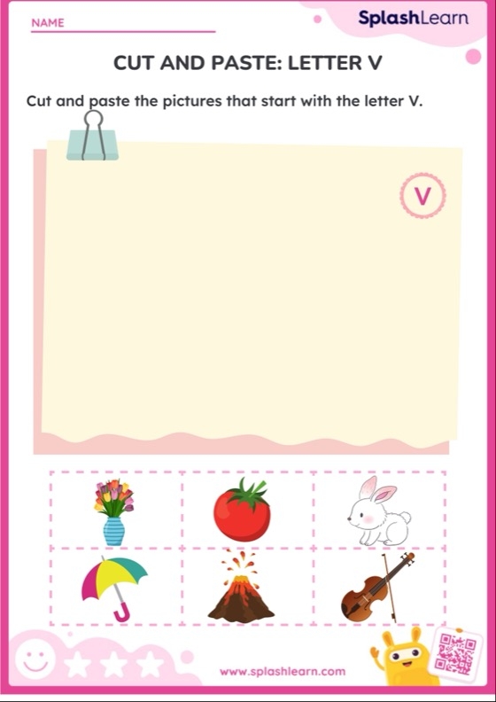 Preschool phonics worksheet featuring V and W vocabulary images for coloring practice