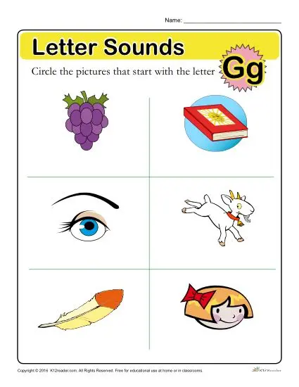Preschooler phonics worksheet featuring various objects to identify that begin with the letter G