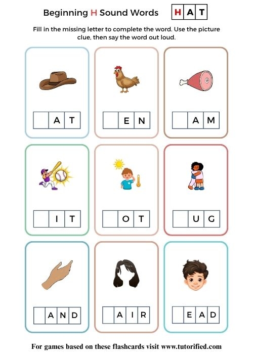 Preschooler phonics worksheet featuring various objects for identifying words that start with the letter H