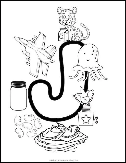 Preschooler identifying items beginning with the letter J on a phonic learning page