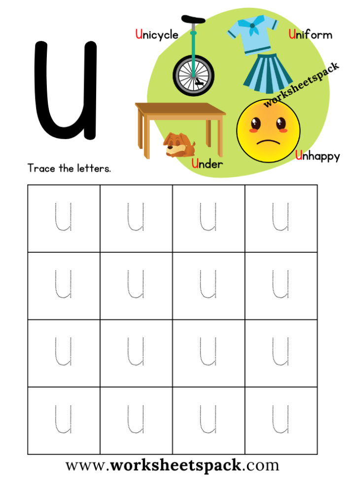 Get Ready for Reading: All About the Letter U activity for young learners Worksheet featuring the letter U for preschool phonics practice