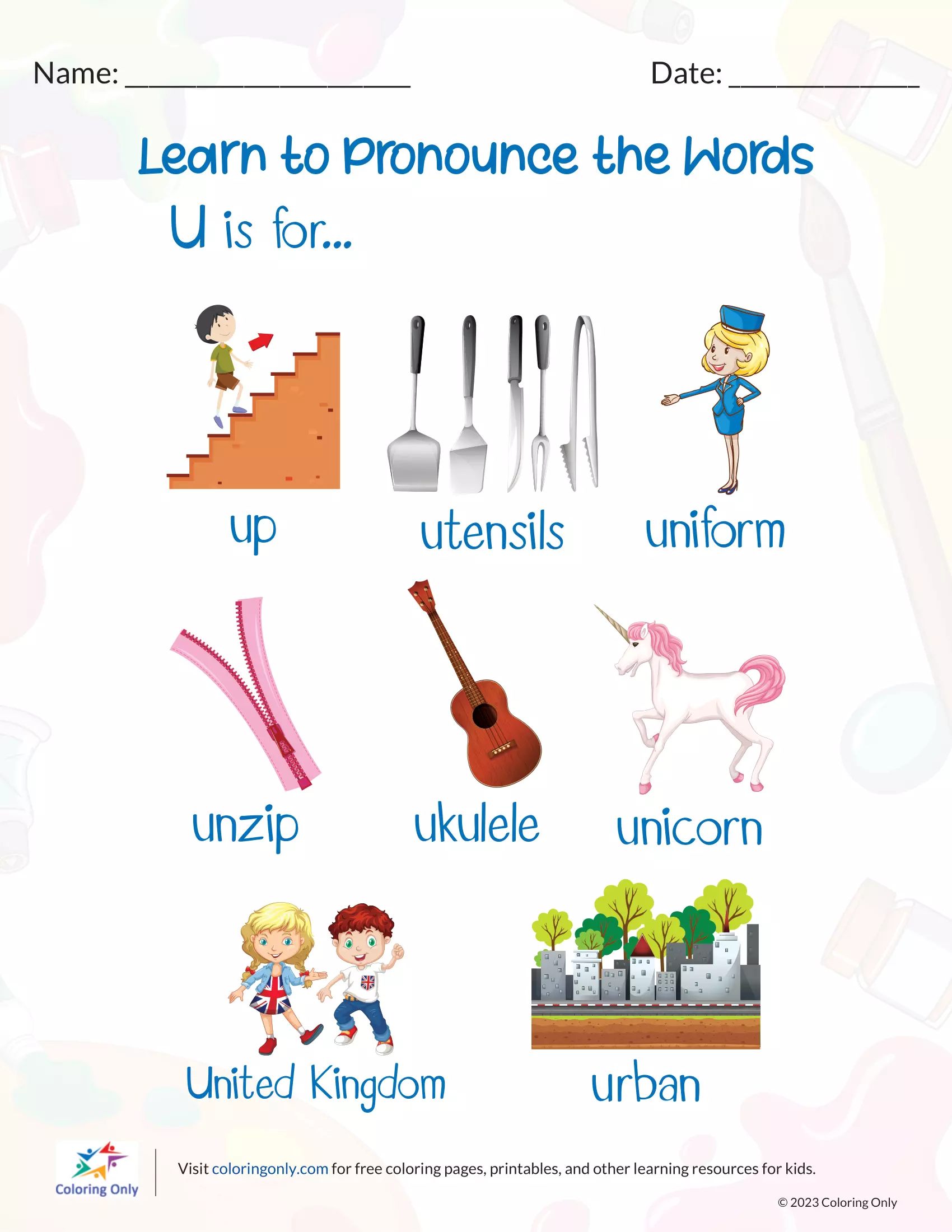 Phonics worksheet for Pre-K Worksheet for preschoolers focusing on the letter U, featuring tracing and identification activities. Get Ready for Reading: All About the Letter U worksheet for early phonics practice.
