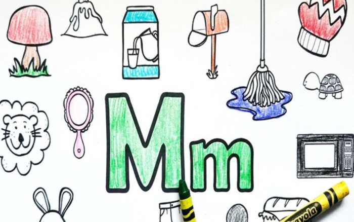 Preschool worksheet featuring pictures of items that start with the letter M for phonics practice