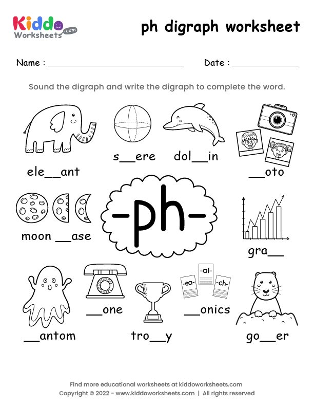 Preschooler identifying words that begin with the ph digraph on a printable phonics worksheet