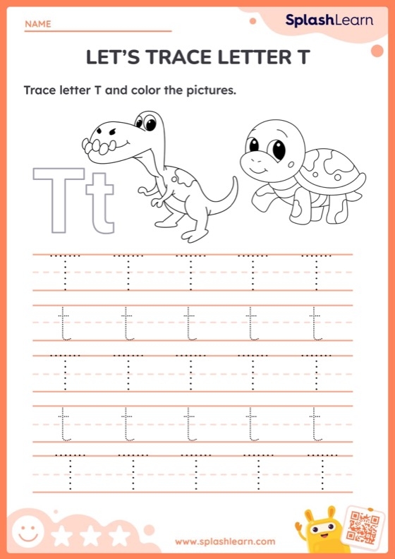 Preschool phonics worksheet featuring educational illustrations of items that begin with the letter T