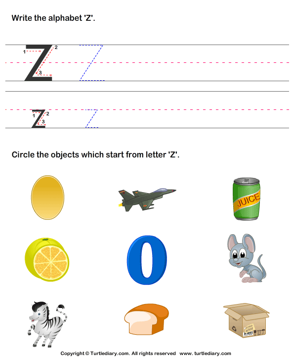 Preschool phonics worksheet featuring colorful illustrations of objects that begin with the letter Z