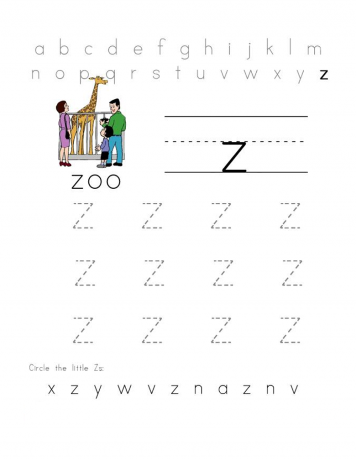 Preschool phonics worksheet featuring colorful illustrations of objects that begin with the letter Z