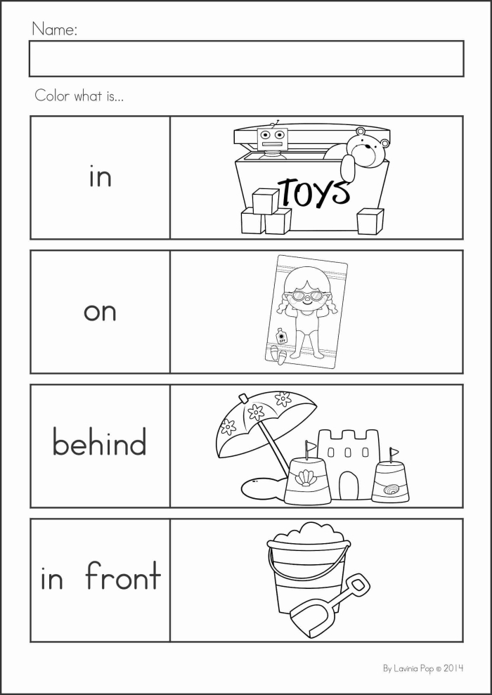 Positional Words Worksheet for Pre-K Patterns Number 10 Preschool student working on a positional words activity page featuring pattern recognition