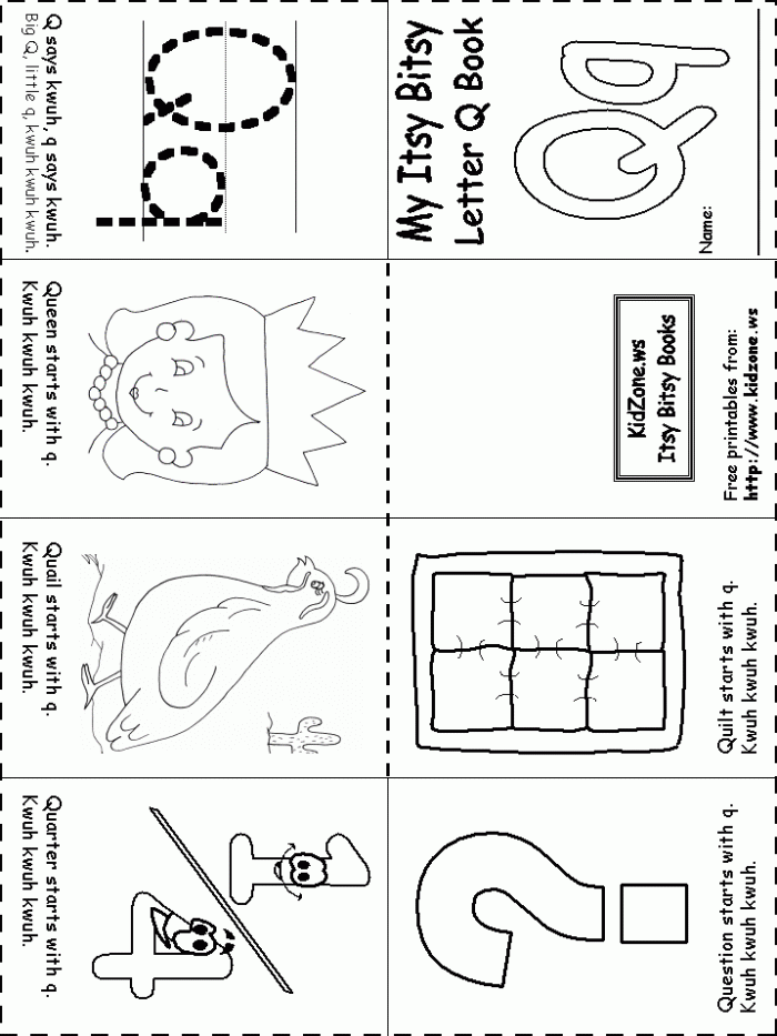 Preschool letter Q worksheet for identifying and coloring words that begin with the letter Q