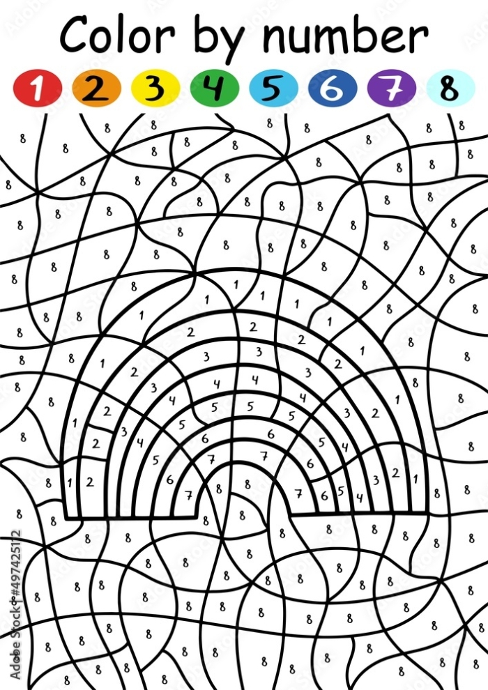 Color by number rainbow worksheet for preschoolers, designed to enhance color recognition and motor skills