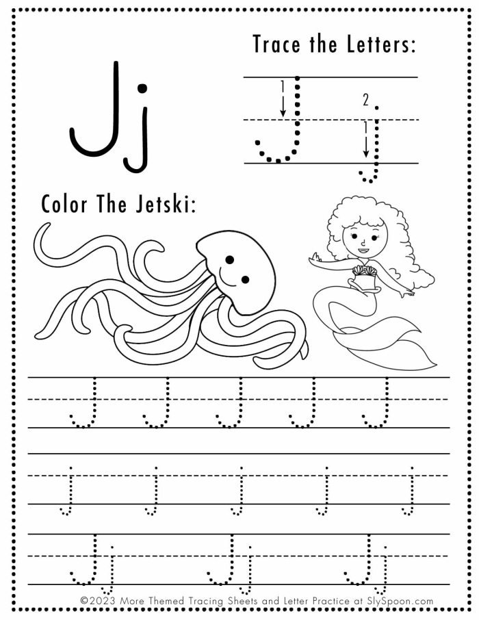 A colorful worksheet featuring activities focused on the letter J for preschoolers to enhance reading skills