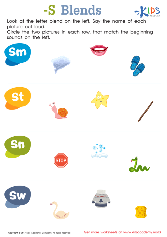 Preschool phonics worksheet featuring various objects that start with the letter S