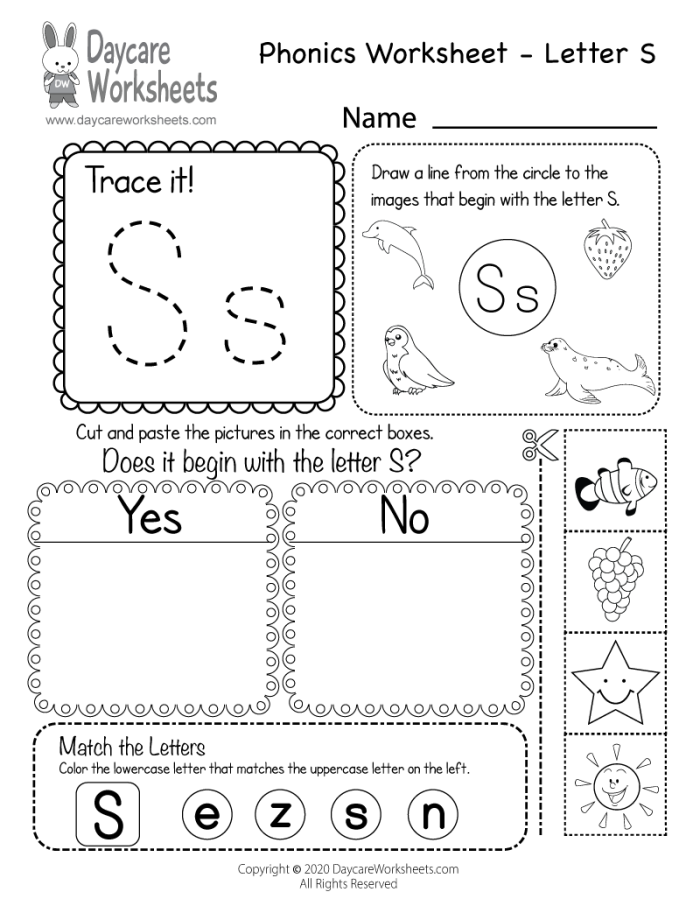 Worksheet featuring various objects that start with the letter S for phonics practice. Engaging pre-reading activity for Pre-K children to identify S-starting items.
